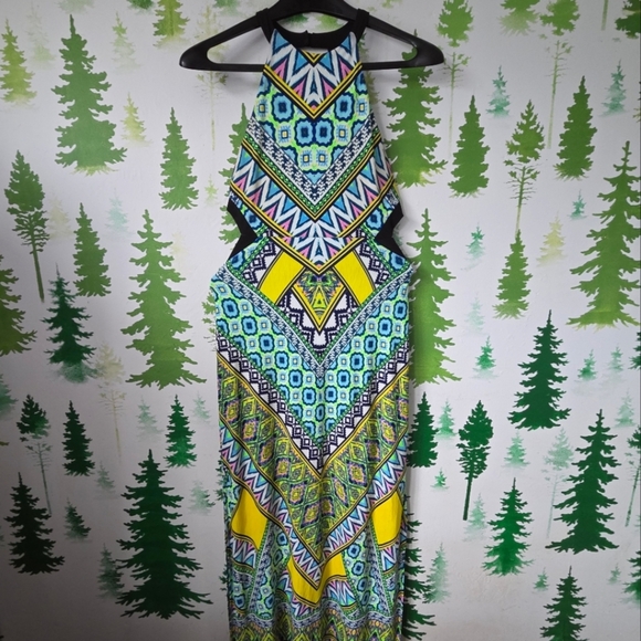 Vibrant Geometric Print Halter Cut Out Dress. - Picture 1 of 9
